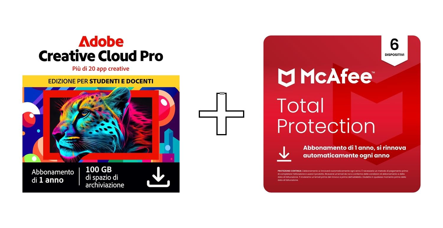 Adobe Creative Cloud All Apps Student & McAfee Total Protection 2025 | 6 Dispositivi |12 Mesi | Download Digitale | 2025 | 2025 | Codice d'attivazione via email