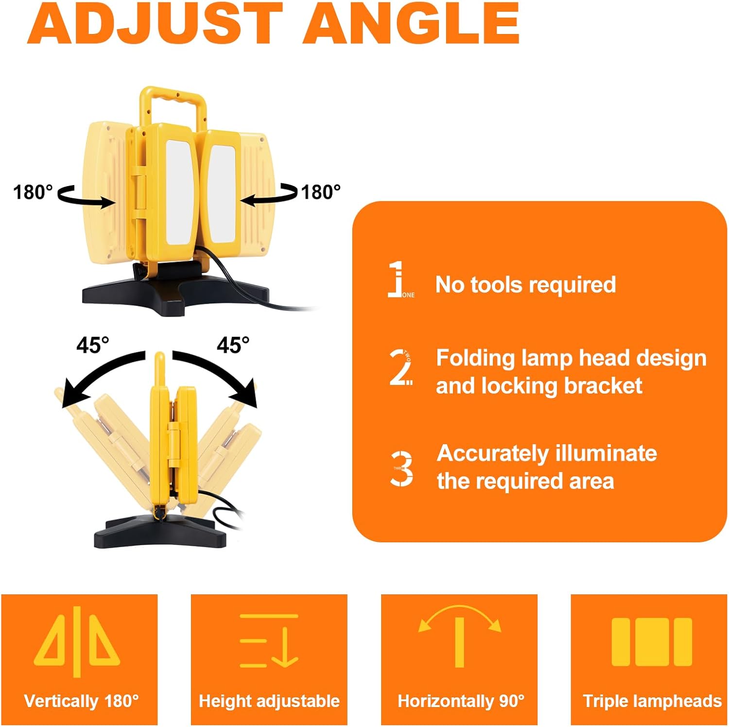 LED Work Light with Stand, 3 Adjustable Head Work Light with Adjustable and Foldable Tripod Stand, Waterproof Rotating Job Site Light for Indoor Outdoor Portable Lighting
