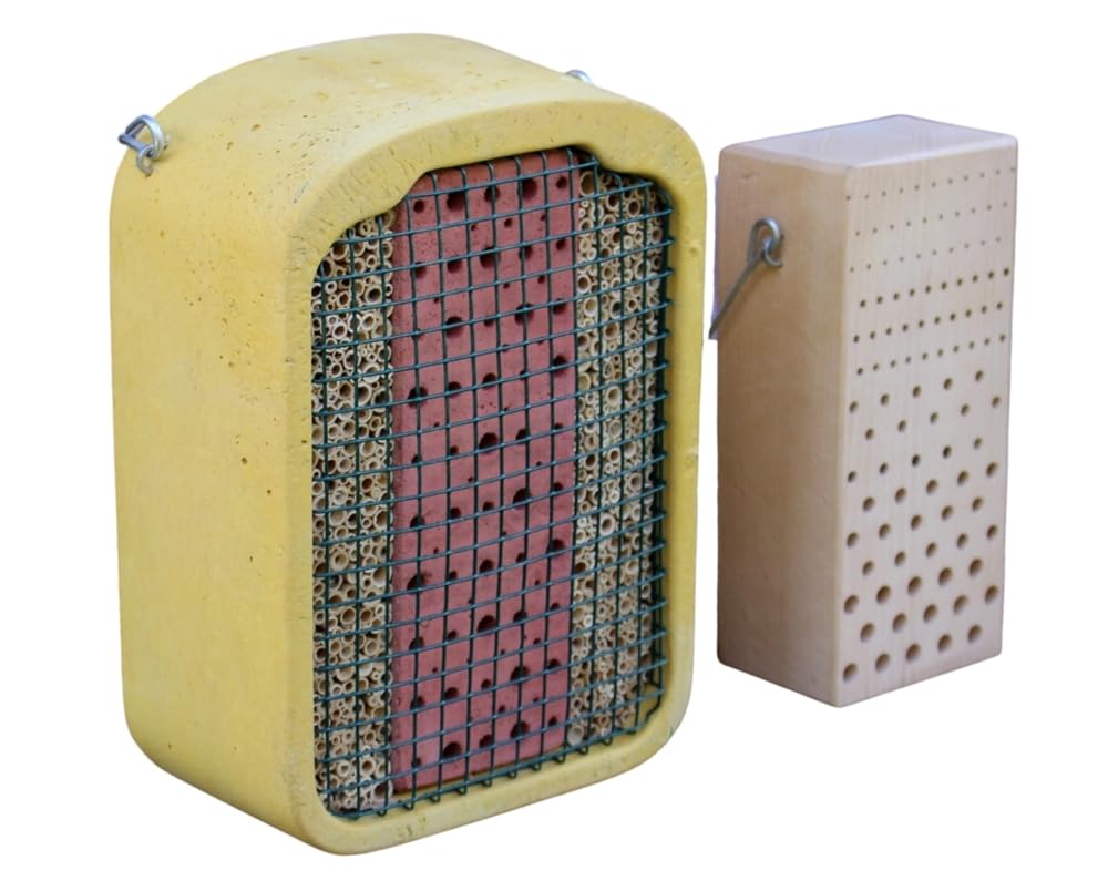 Insektennisthilfe Kombi-Satz 2 Stück - Insektenhotel mit Lehm & Schilf + Nistblock aus Hartholz Naturschutzprodukt