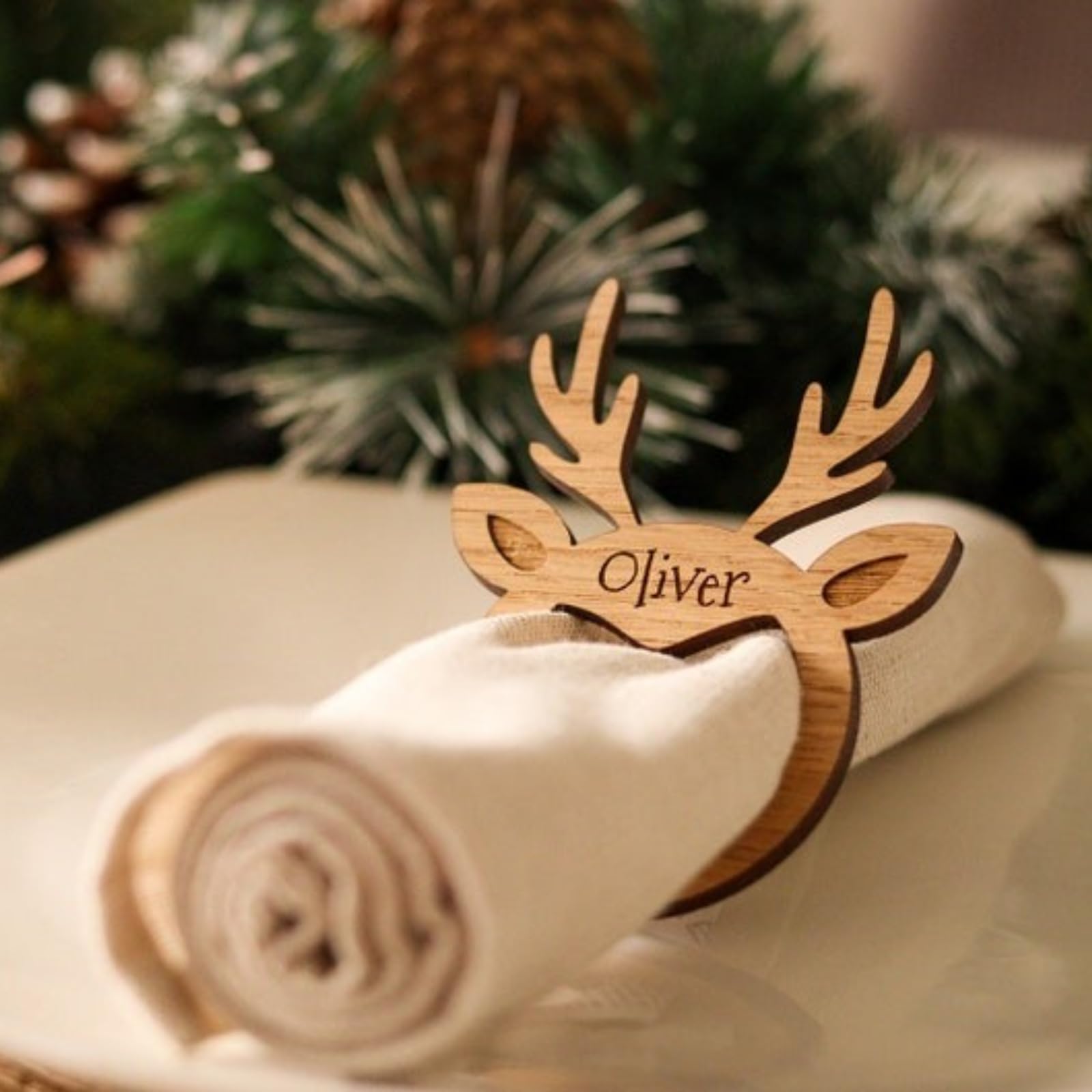 Portatovaglioli natalizi in legno a forma di renna, personalizzabili, con incisione, segnaposto, segnaposto, decorazione da tavola, decorazione per la cena, per Natale, vacanze, matrimoni, casa