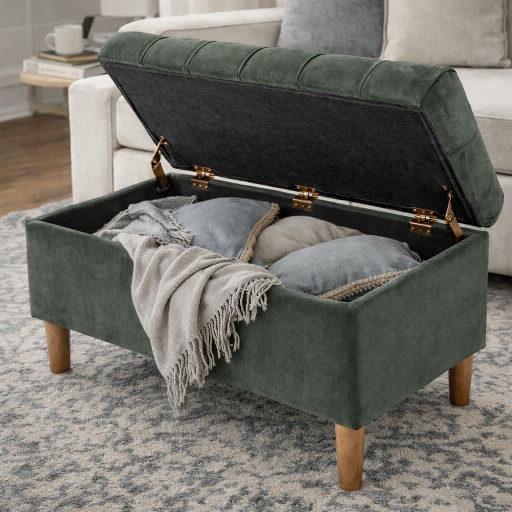 Homepop Home Decor | Tufted Ainsley Button Storage Ottoman Bench with Hinged Lid | Ottoman Bench with Storage for Living Room & Bedroom,Loden Green Velvet