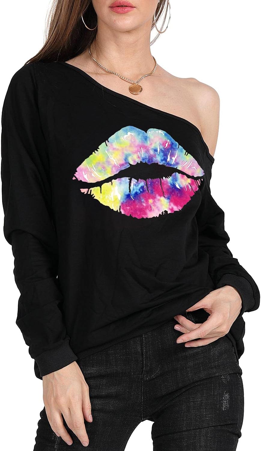 MAGICMK Woman’s Sweatershirt Lips Print Causal Blouse Off The Shoulder Long Sleeve Loose Slouchy Pullover Plus Size Tops - Image 5