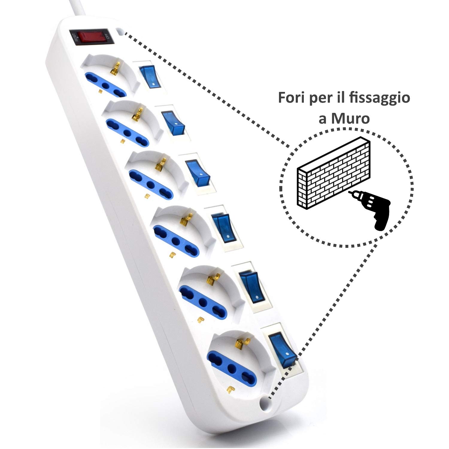Multipresa a 6 Posti, Ciabatta Elettrica con 6 Prese Italiane e Schuko/Tedesche - Spina Schuko/Tedesca- Potenza 250V/2500W - Cavo da 3 Metri, Prese Angolate a 45° (Confezione da 2)