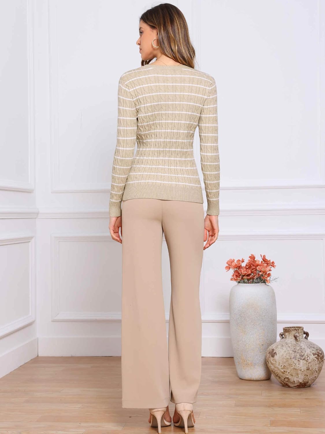 Allegra K Striped Sweater Tops for Women's Cable Knit Round Neck Fall Winter Pullover Sweaters Trendy - Image 2