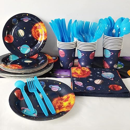 Miniatura 8 de Suministros para fiesta de cumpleaños del espacio exterior, juego de vajilla desechable para fiesta espacial, platos de papel, tazas, servilletas,
