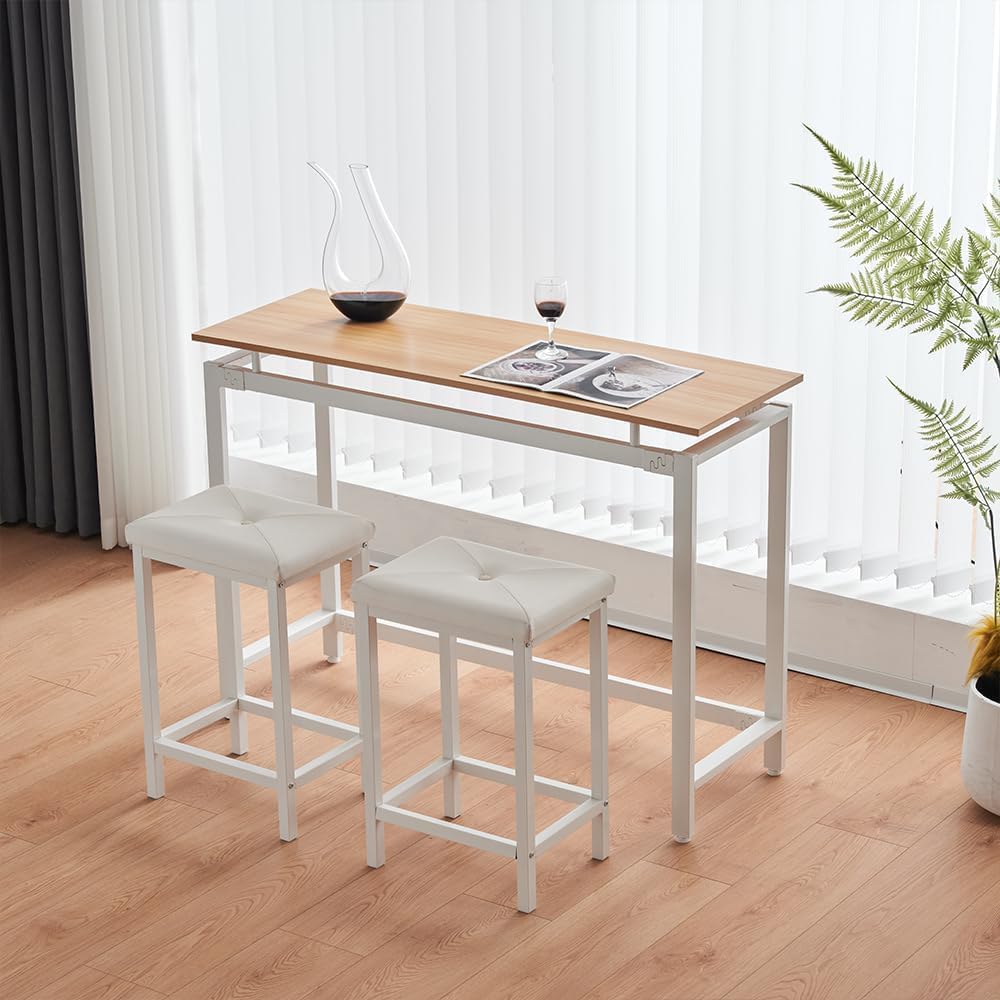 Dining Table Set, For 2 People, 3-Piece Set, Dining Set, Wooden, Stylish, Compact, High Table, Counter Table, Compact, Scandinavian, Dining Table Set, Dining Table, Chair, Width 47.2 x Depth 15.7 x Height 33.5 inches (120 x 40 x 85 cm) (Natural)