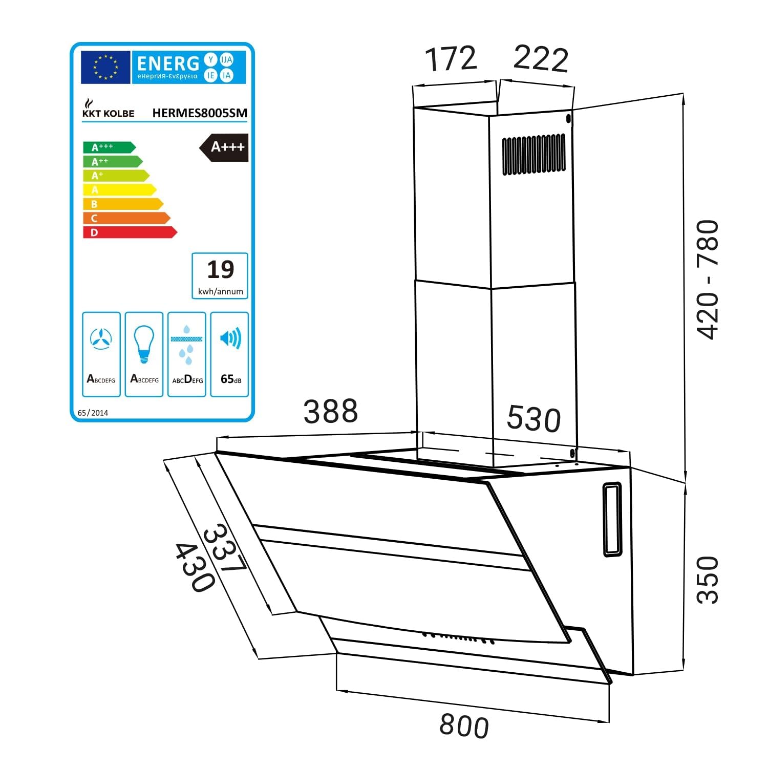 KKT KOLBE | Hotte aspirante cuisine 80 cm | Hotte Murale Inclinées | acier inoxydable | verre noir | WiFi | arrête automatiquement | éclairage LED RVB | Opération tactile | HERMES8005SM