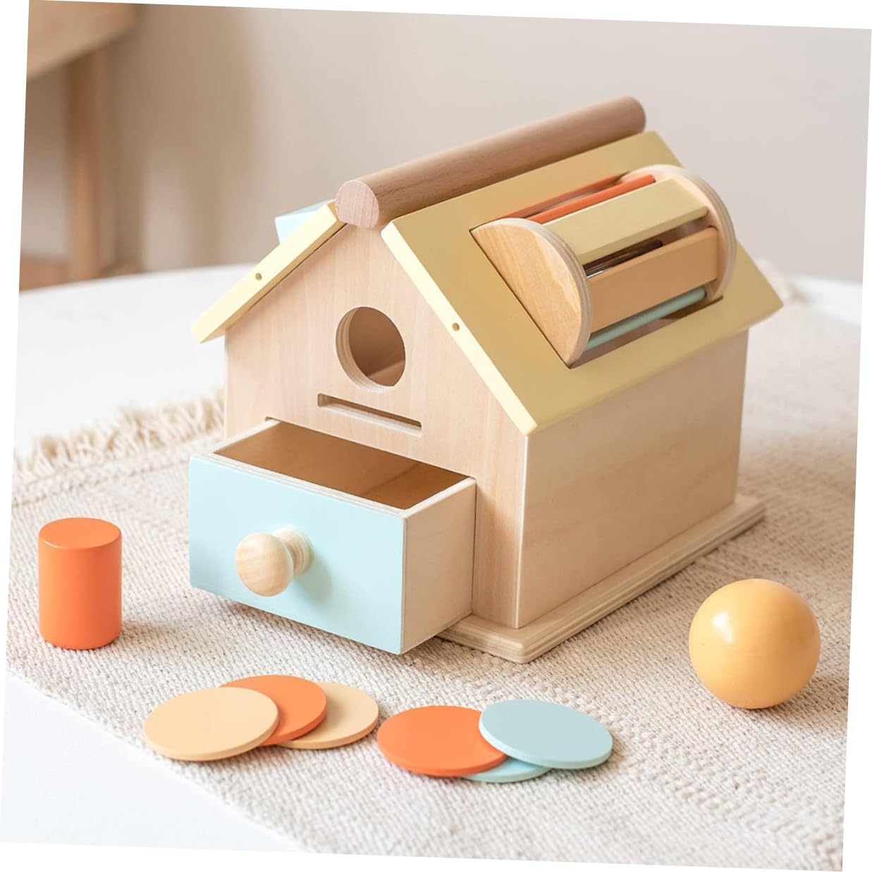 Gatuida Juguete Sensorial Educativo de Madera Natural para Pequeños 1-3 Años Caja Monedas Montessori Desarrollo Motricidad Fina y Coordinación Ojo-Mano Adecuado para Educación Temprana