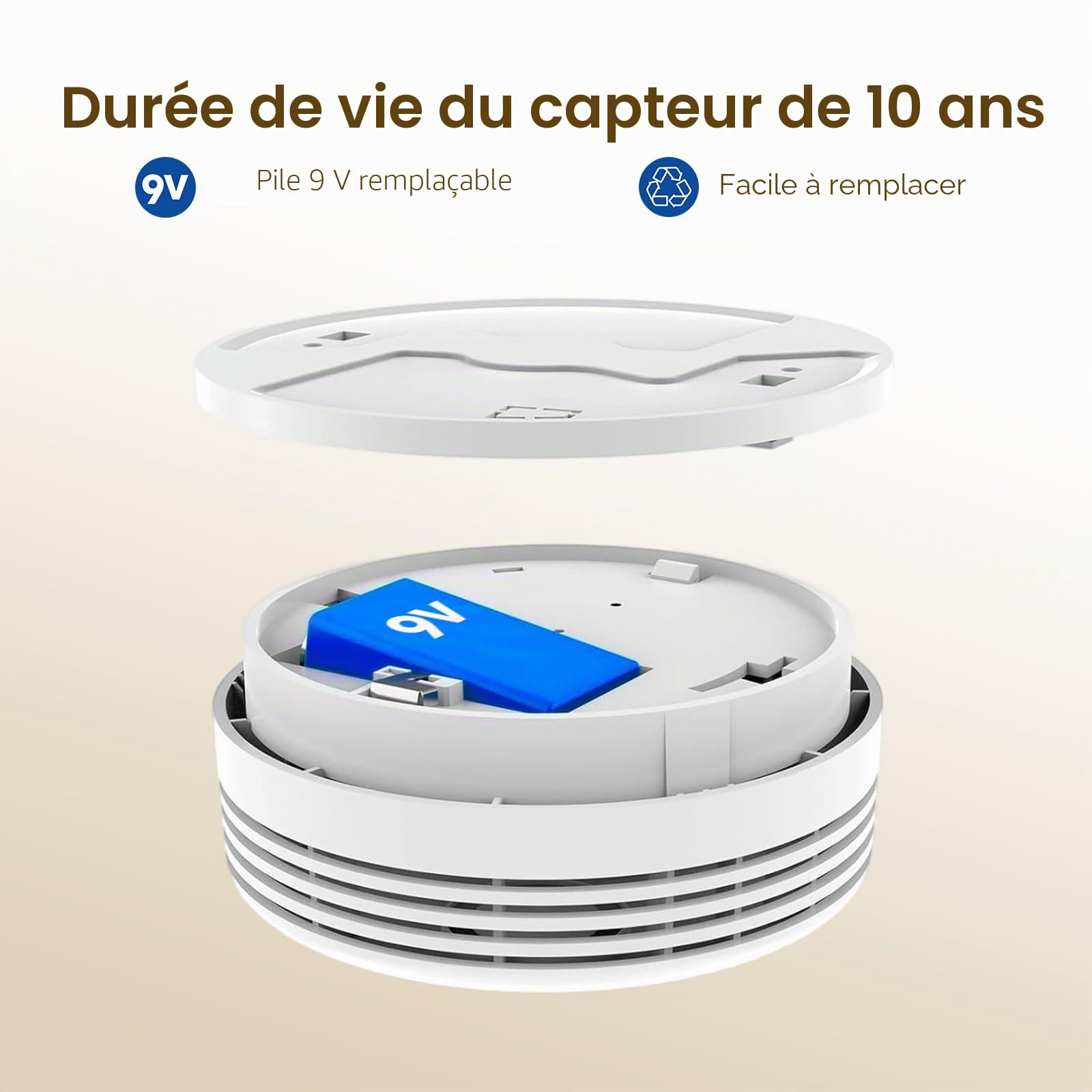 Connecté Detecteur de Fumée,Alarme Incendie Détecteur Fumée10 Ans avec Pile 9V Remplaçable,Alarme de Pile Faible, Certifié Selon EN14604,6 PCS