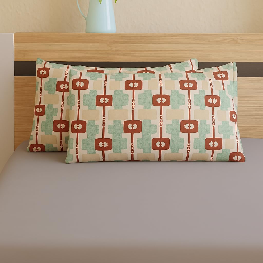 2 Pcs Cotton Pillow Cover Set 16x24 Inch | Premium Printed | Geometric Floral Design in Pastel Green, Beige & Rust | Soft & Breathable for Bed, Sofa & Diwan