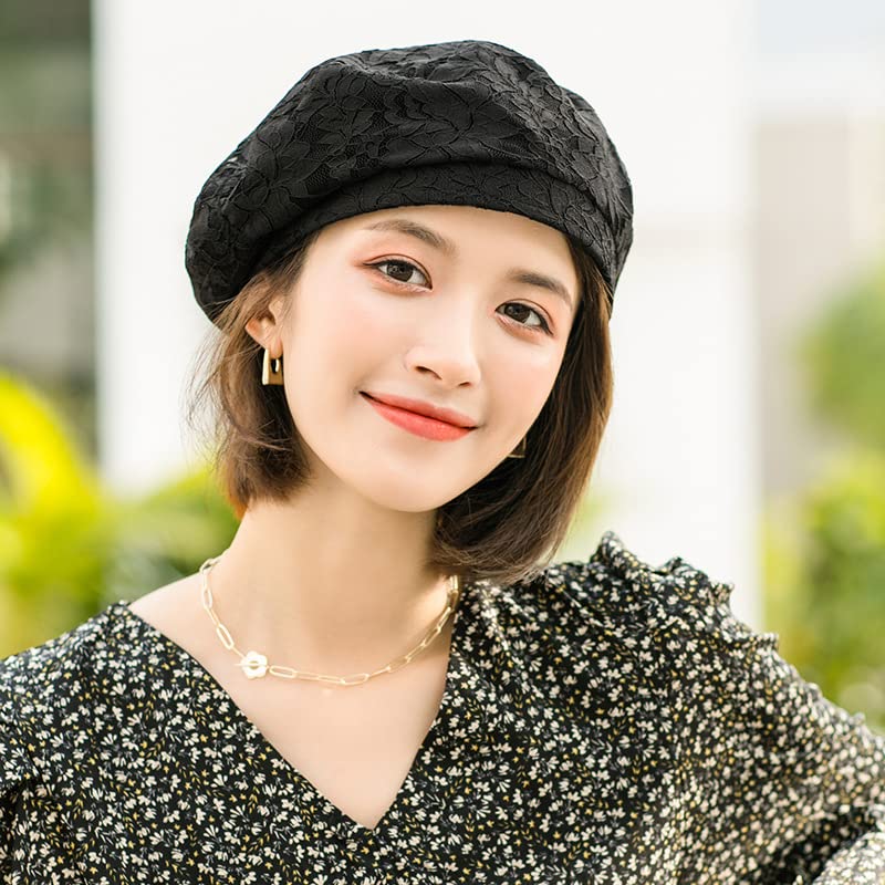 MECOCO Women's Lace Beret Vintage Beret Women's Hat Visor Hat Styling Cap, Black, Large