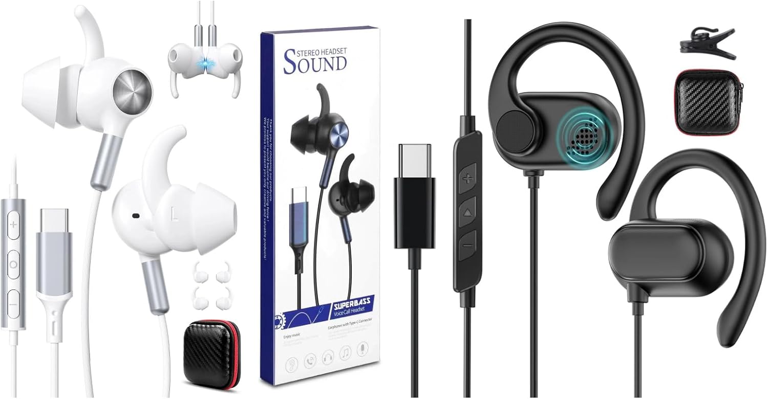 2 Pack USB C Headphones for Samsung S25 FE S24 Ultra S23 A17,Over Ear Buds USB Type C Earphones Wired with Adjustable Ear Hooks for iPhone 17 Pro Max 16E 16 Plus 15,USB-C Headset for iPad Pro