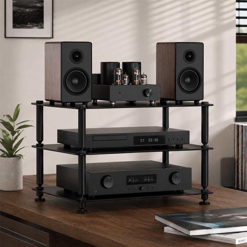 KLerDH Media Racks, 3 Tier AV Media Stand Aluminum Alloy Hifi Rack Small Desktop(Black)