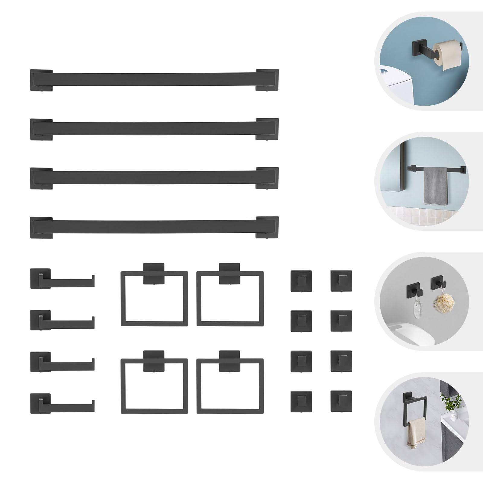 Juego de accesorios de baño de 20 piezas, accesorios de baño con 4 barras de toalla, 4 anillos de toalla, 4 soportes para papel higiénico, 8 ganchos, kit de baño para baño, inodoro (negro)