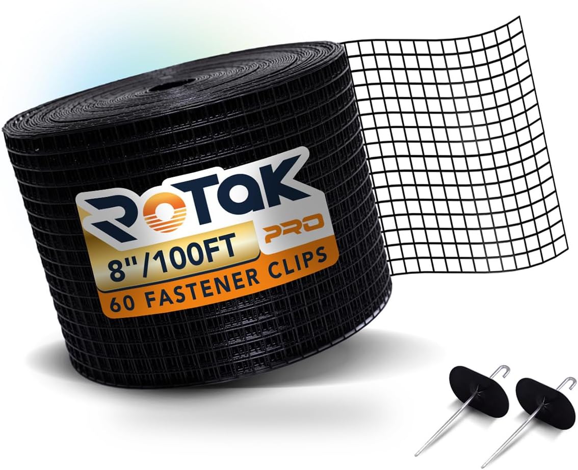 Rotak 8in X 100ft Solar Panel Bird Squirrel Critter Guard Roll Kit - 60 Fastener Clips - Used for Bird/Critter proofing Solar Panels - Removable Without Damage - PVC Coated Galvanized Steel roll…