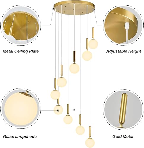 Miniatura 7 de Candelabro dorado de 9 luces con cristal blanco leche de mediados de siglo moderno globo colgante luz para vestíbulo, sala de estar, entrada, pasillo