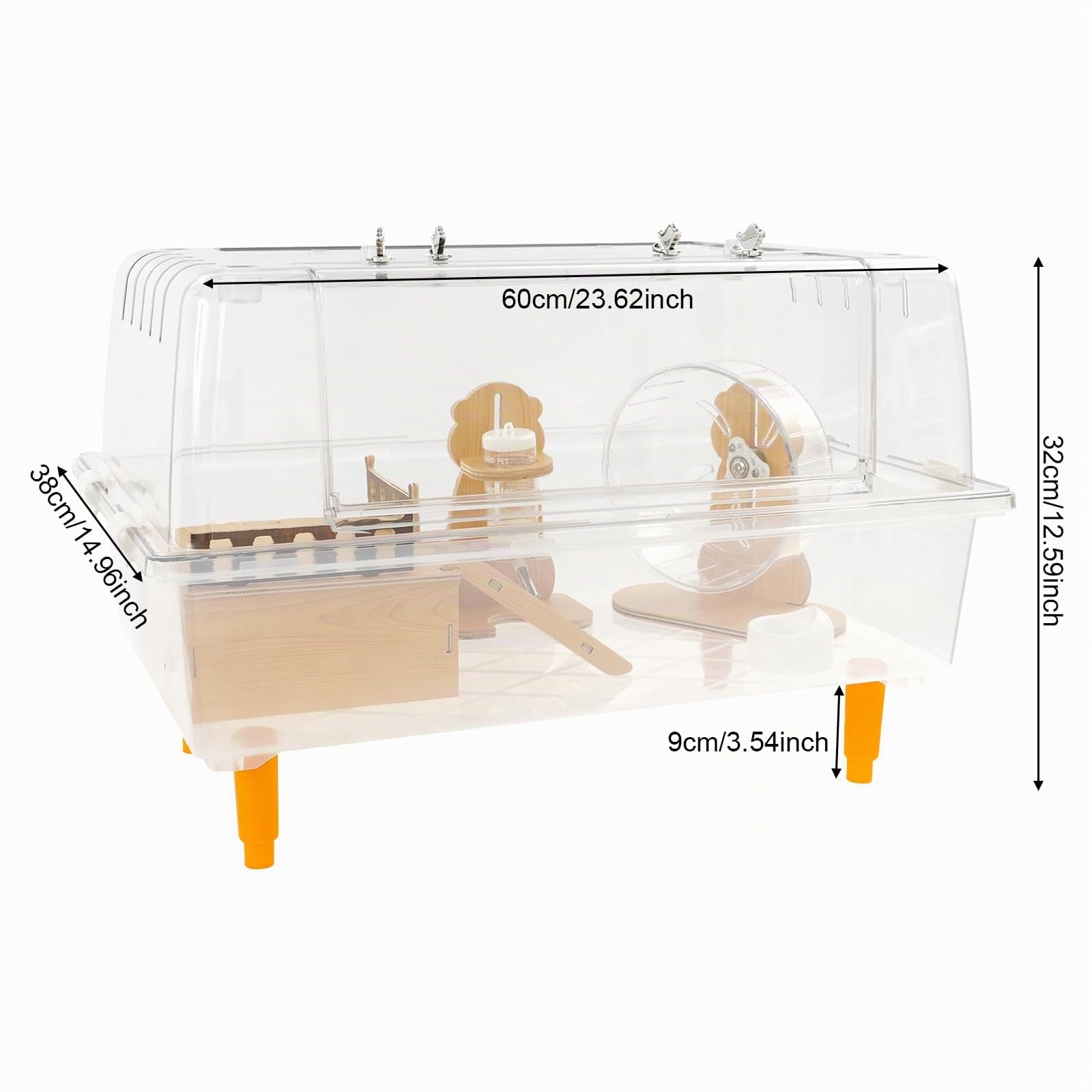 Gabbia per criceti, per piccoli animali, vista a 360°, trasparente, 60 x 38 x 32 cm, con girante, bottiglia d'acqua, ciotola per cibo e casetta, impilabile, per criceti e porcellini d'India
