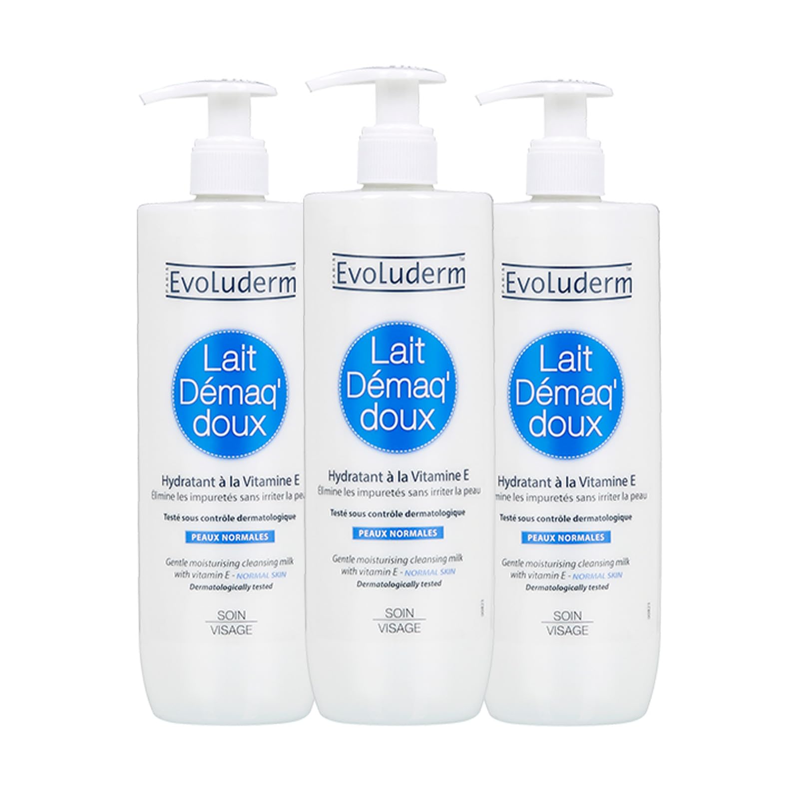 EVOLUDERM - Lait Démaq' Doux Hydratant - 500 ml - Ingrédients d'Origine Naturelle - Végan - Fabrication Française - Lot de 3 x 500 ml