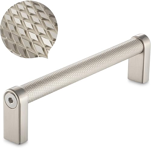 KOOFIZO Tirador moleteado para gabinete, manija de muebles de níquel cepillado, distancia entre tornillos de 5 pulgadas, paquete de 5 unidades P22