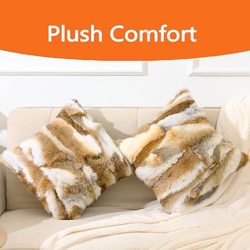 Miniatura 2 de Juego de 2 fundas de almohada de piel natural de lujo de piel de conejo real con cremallera, color marrón, suave felpa de pelo de granja para