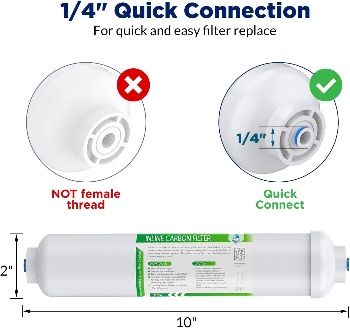 Membrane Solutions T33 Inline Water Filter, 2-Pack 1/4" Quick-Connect Replacement Cartridges for Refrigerator & Ice Maker, Post-Carbon Filter for Reverse Osmosis Systems, Push-to-Connect - Image 2