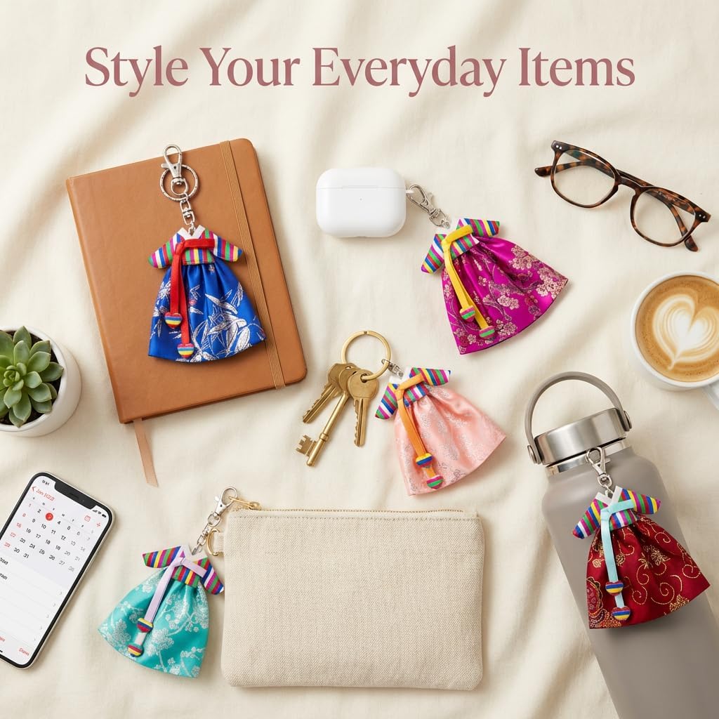 Korean Traditional Dress Design Keychain Set of 5 – Korean Key Ring Souvenir Gift, Colorful Cultural Bag Charm