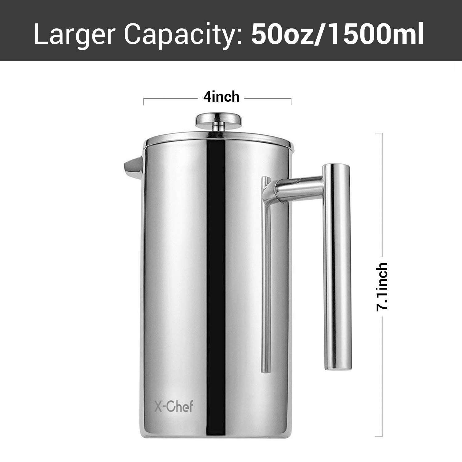 Veken French Press Coffee Tea Maker 50oz, 304 Stainless Steel Insulated Coffee Press with 4