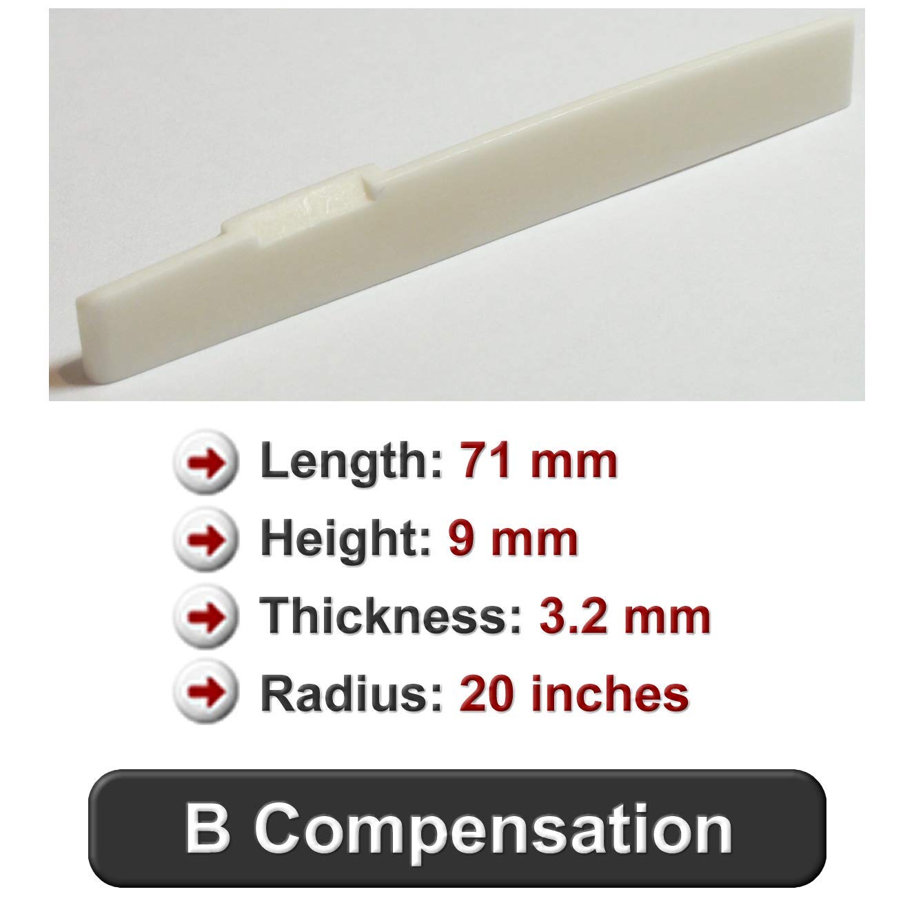 Bone Guitar Saddle – Fits Many RainSong® Guitars – 20 inch Radius – 71 mm Length