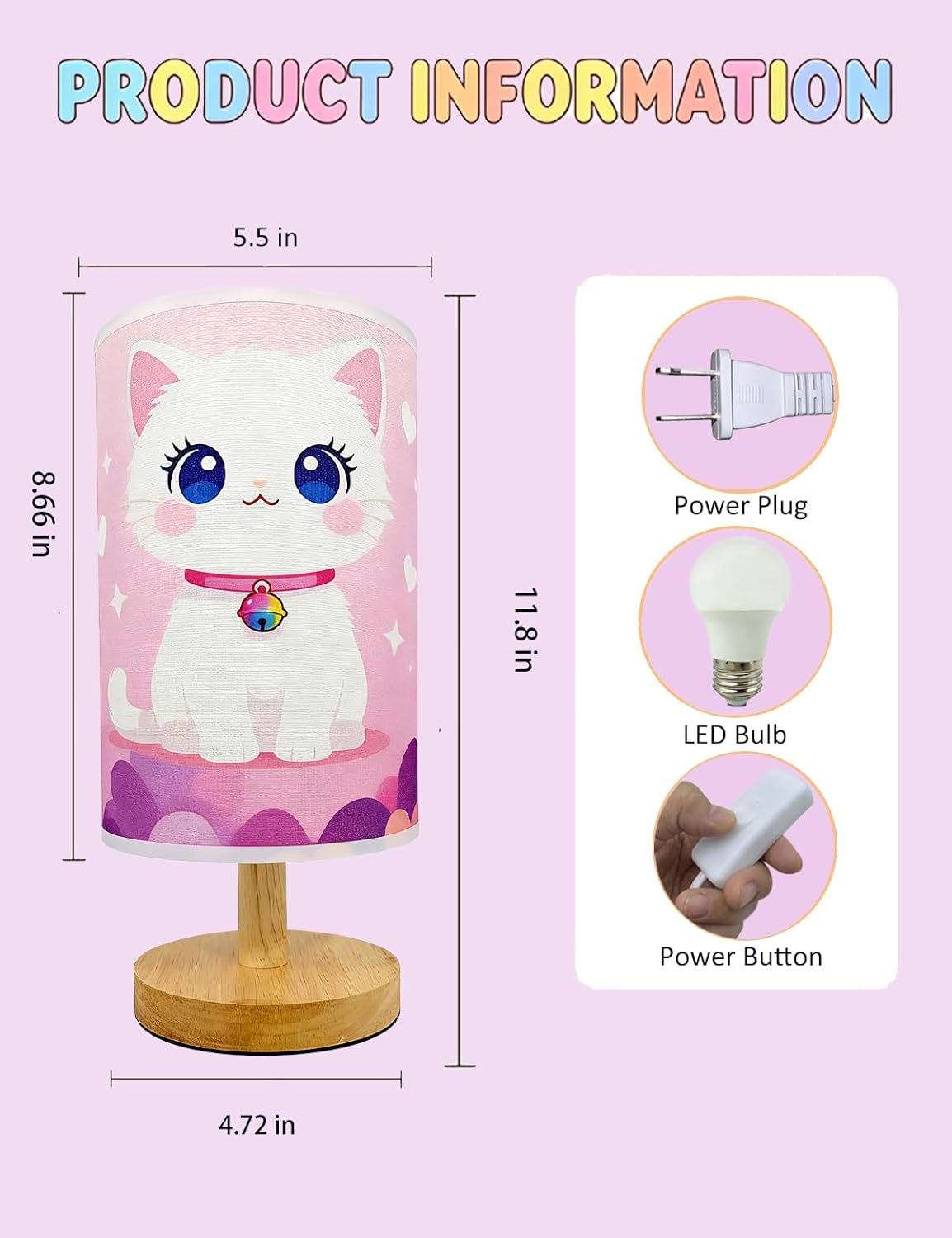 Cat Lamp, Lamps for Girls Bedroom, 3 Colors Nightstand Light Lamp, Round Wood Base Flaxen Fabric Desk Lamp for Kids Room, Cat Table Lampp Gift for Girls (LED Bulb Included) (Kitten)