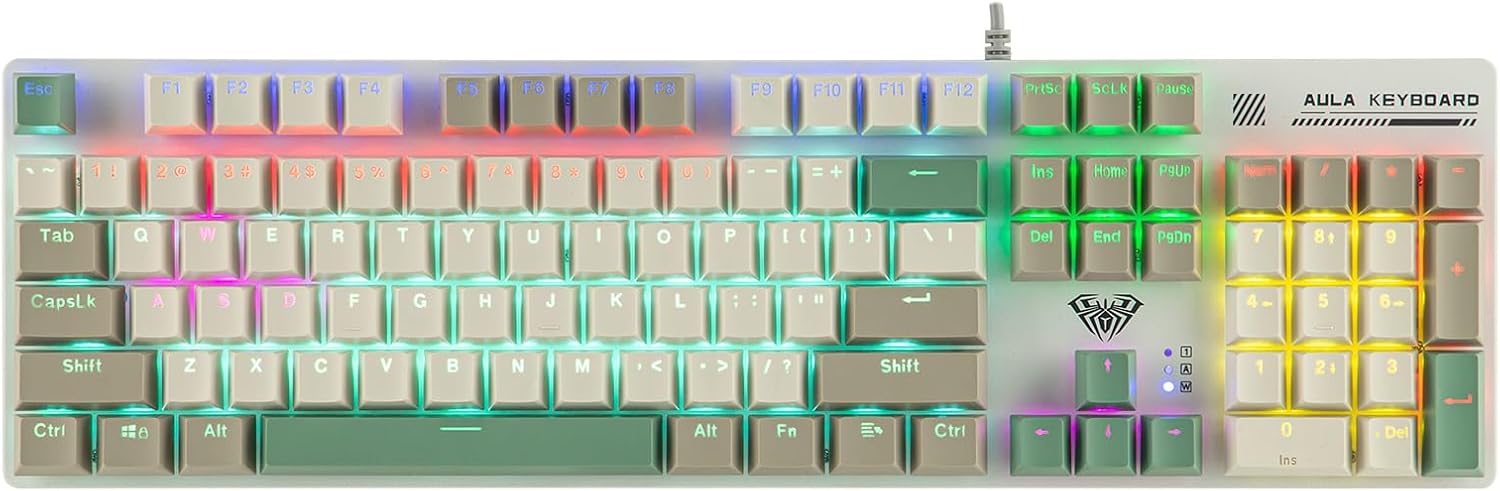 MechLands Aula S500 Wired Gaming Keyboard, 100% Full Size Mechanical Keyboard with Number Pad, 104 Keys, NKRO, RGB Backlits, Shine Through Keycaps, Ergonomic for PC E-Sports (White&Green, Red Switch)