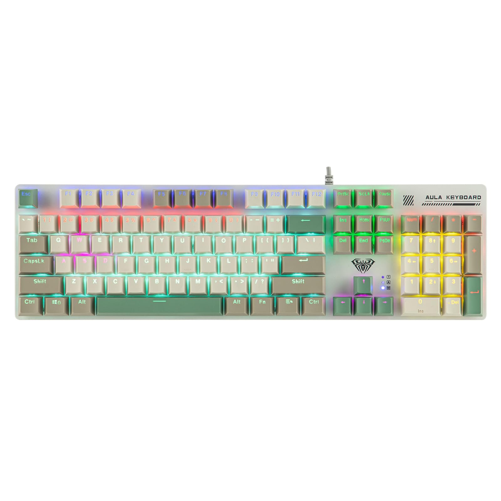 MechLands Aula S500 Wired Gaming Keyboard, 100% Full Size Mechanical Keyboard with Number Pad, 104 Keys, NKRO, RGB Backlits, Shine Through Keycaps, Ergonomic for PC E-sports (White&amp;Green, Blue Switch)
