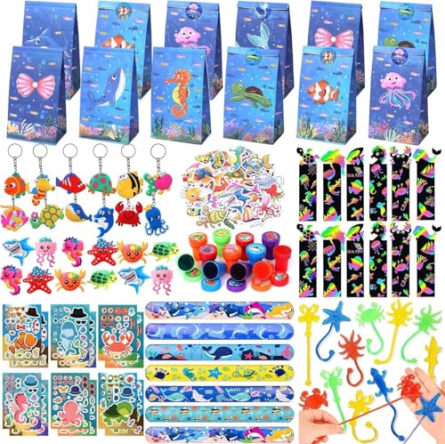 Imagen de 148 Niños Criaturas Acuáticas Artículos de Fiesta Cumpleaños Rascar Marcadores DIY Pegatinas Squeeze Toys Llavero Sellos Bolsas de Regalo Animales de Océano Fiesta Cumpleaños Relleno Piñatas