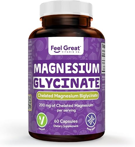 Feel Great Bisglicinato de Magnesio Magnesio de alta absorción, tamponado y quelado para apoyo muscular, óseo y articular 60 cápsulas veganas