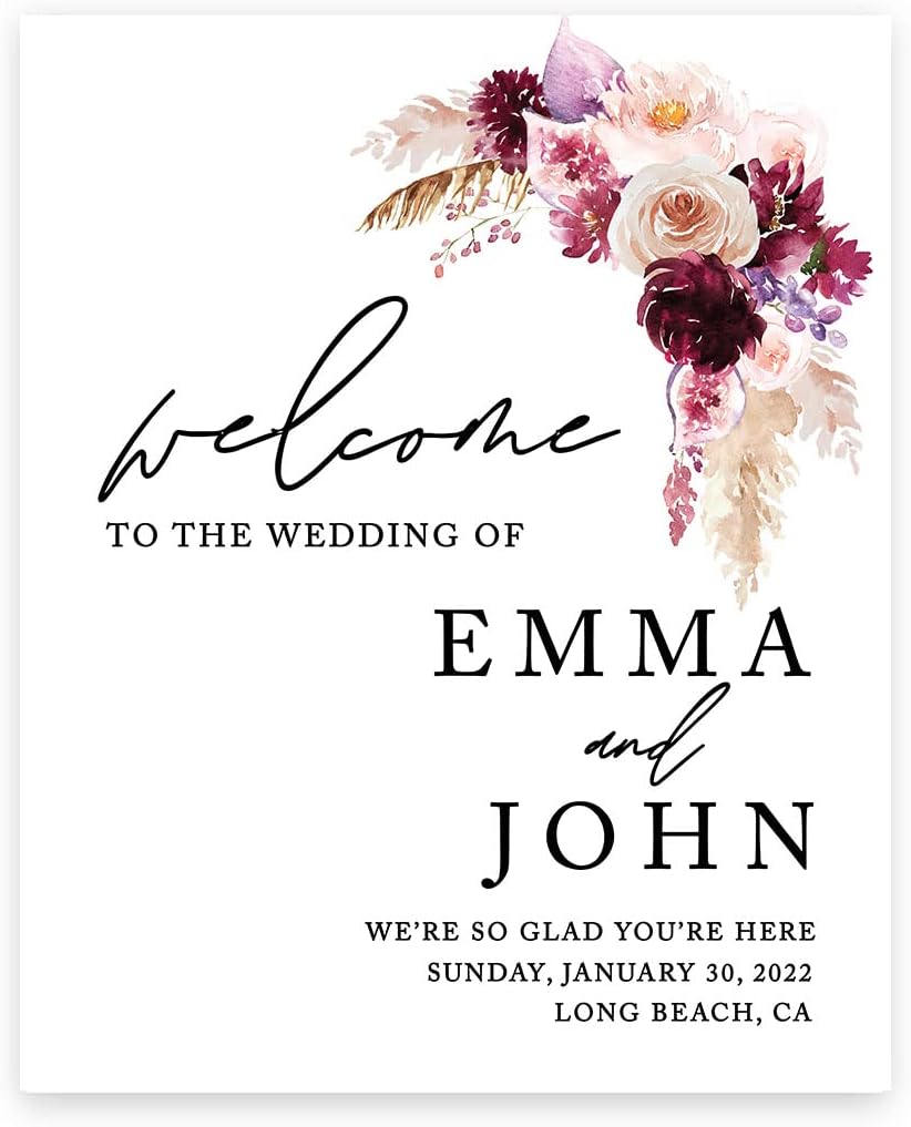 Andaz Press Custom Large Wedding Welcome Sign, 16" x 20" Watercolor Boho Florals Personalized Canvas Welcome Sign, Sign Our Canvas, Welcome Sign for Wedding Ceremony Reception Guestbook Alternative