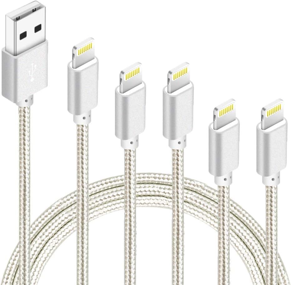 IDISON [MFi Certified iPhone Charger, 5Pack(3/3/6/6/10FT) iPhone Charging Cable Nylon Braided Fast Charging Cord Compatible for iPhones/Pads-Silver