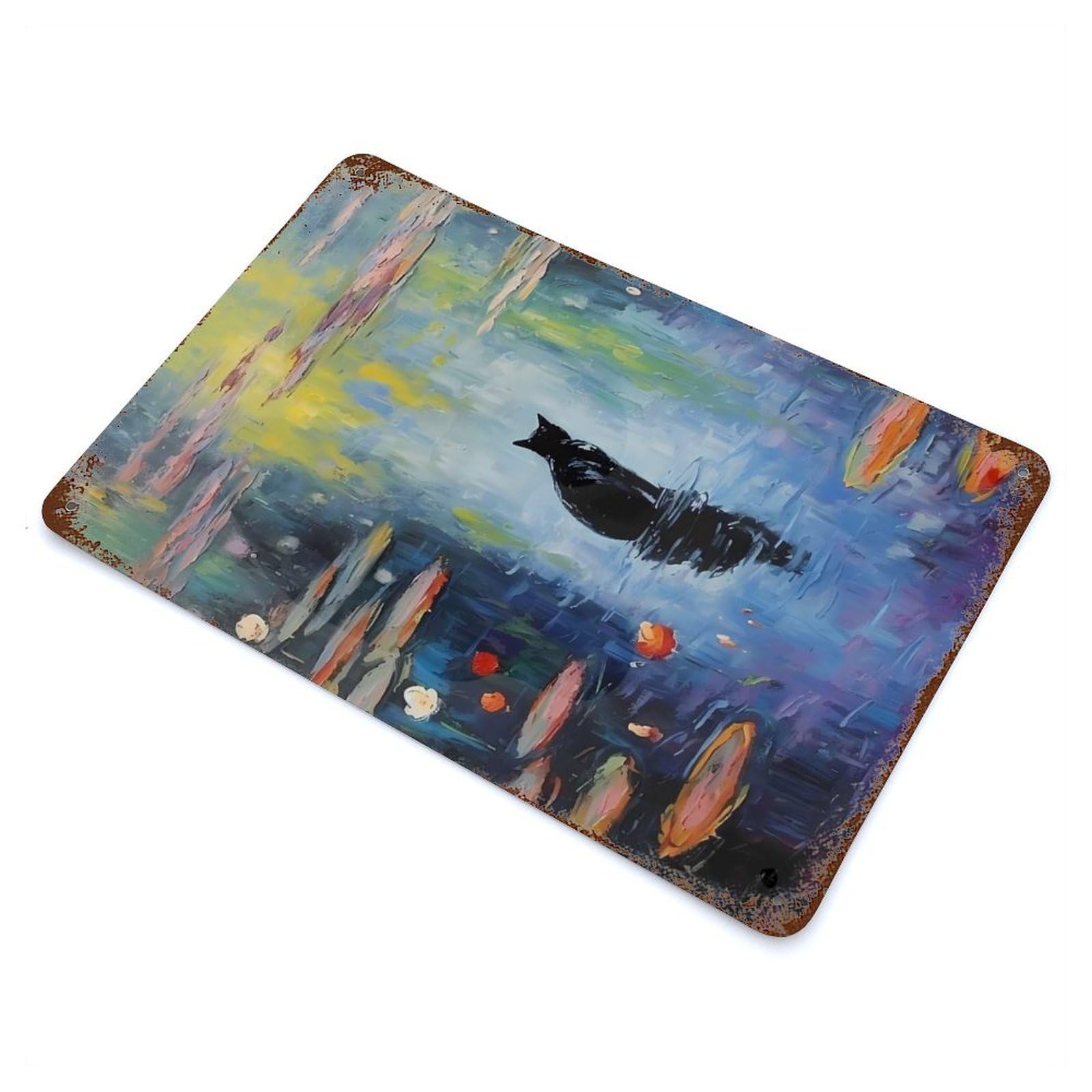 Rustic Tin Plaque BLACK Cat Monet WaterLily 11.8"x7.9", Vintage Wall Decor for Pub, Kitchen And Man Cave Decor
