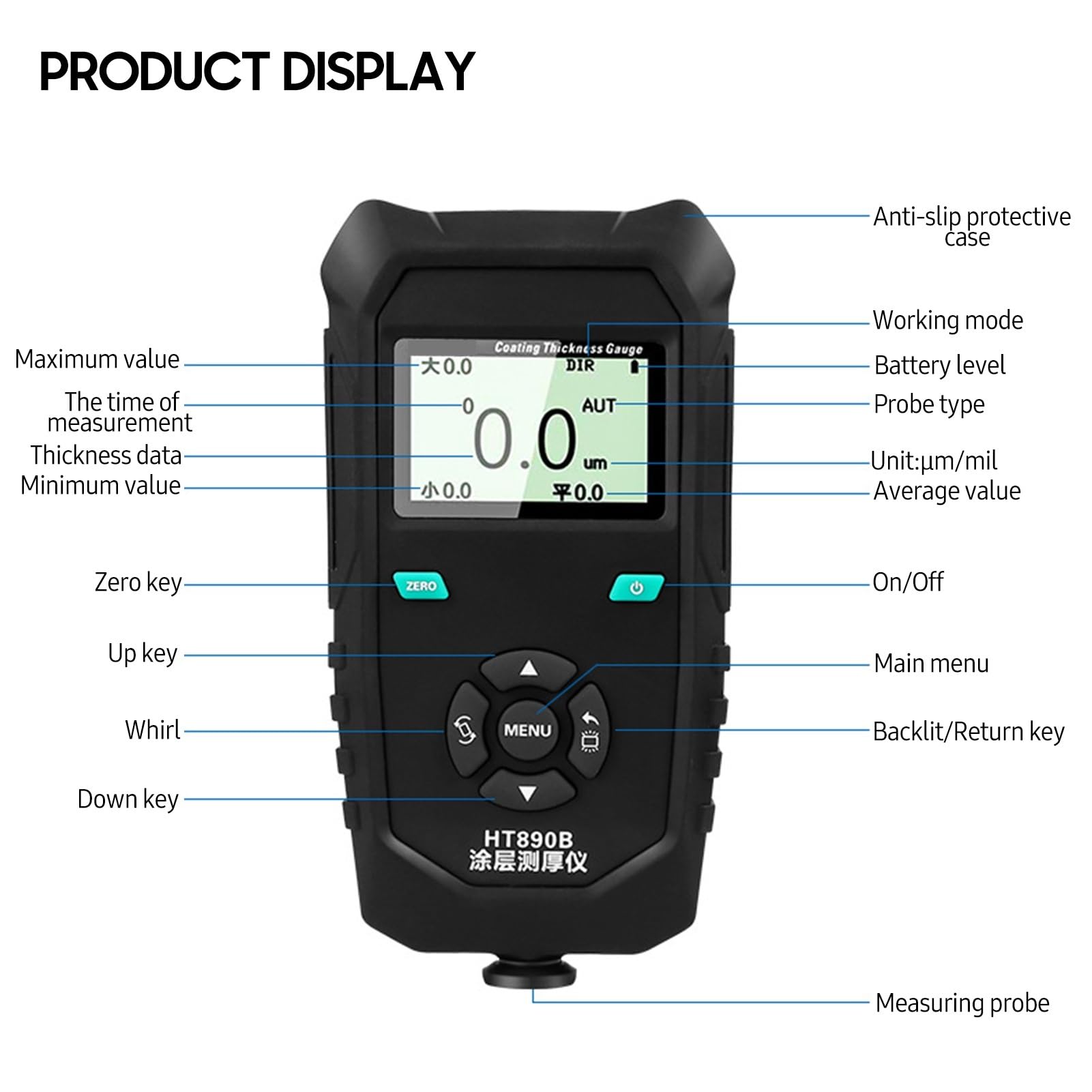 Medidor de espesor Medidor de espesor de recubrimiento de pintura HT890B Medidor de espesor no destructivo con alarma de límite de pantalla LCD retroiluminada de cero cal