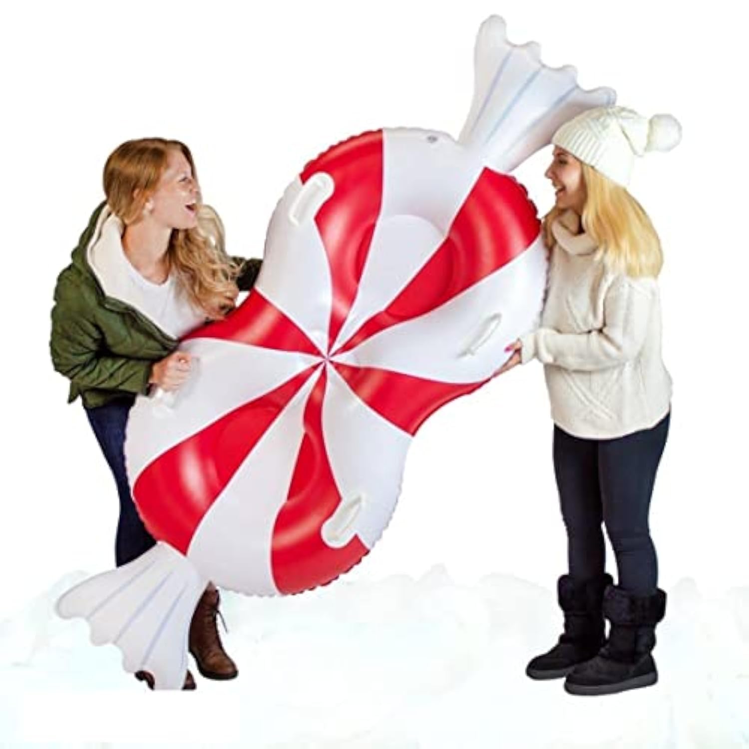 SNOWCANDY Winter Sledding Jumbo Inflatable Peppermint Snow Sled for 2 Person. 77 inch Wide Sled with Handles for Adults, Teens or Kids. Made from Heavy-Duty PVC for Extreme Strenght.