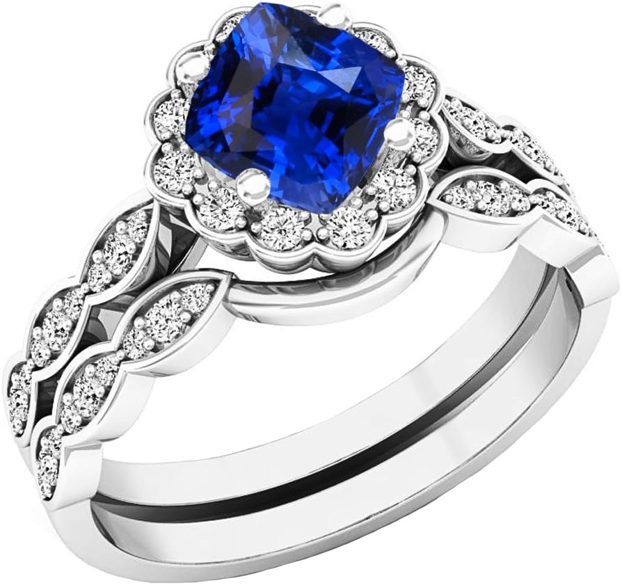 Dazzlingrock Collection 14K 5.5 MM Cushion Lab Created Gemstone & Round Diamond Ladies Halo Engagement Ring Set, White Gold