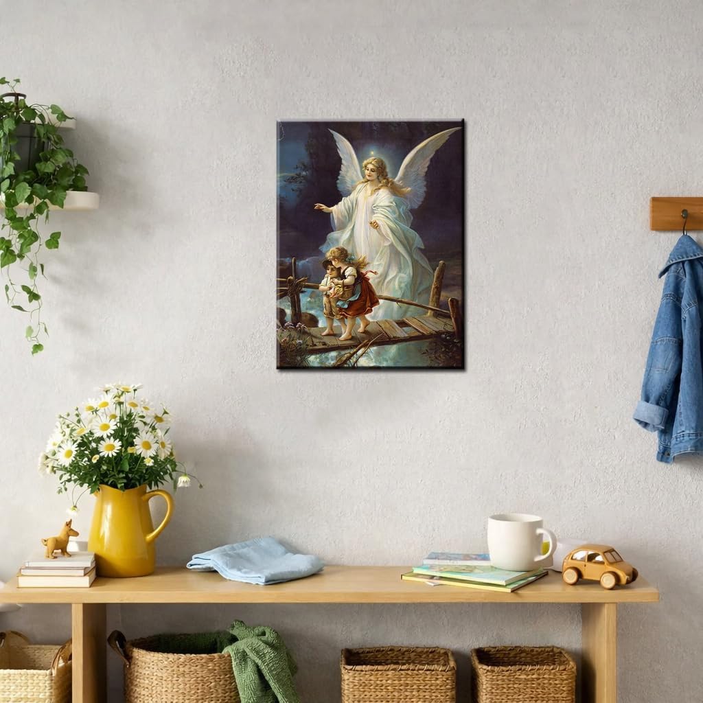 Guardian Angel Wall Art Angel Protecting Children on Bridge Wall Decor Framed Canvas Print Picture Guardian Angel Poster HD Painting for Gift Room Home Ready to Hang(12''Wx16''H)