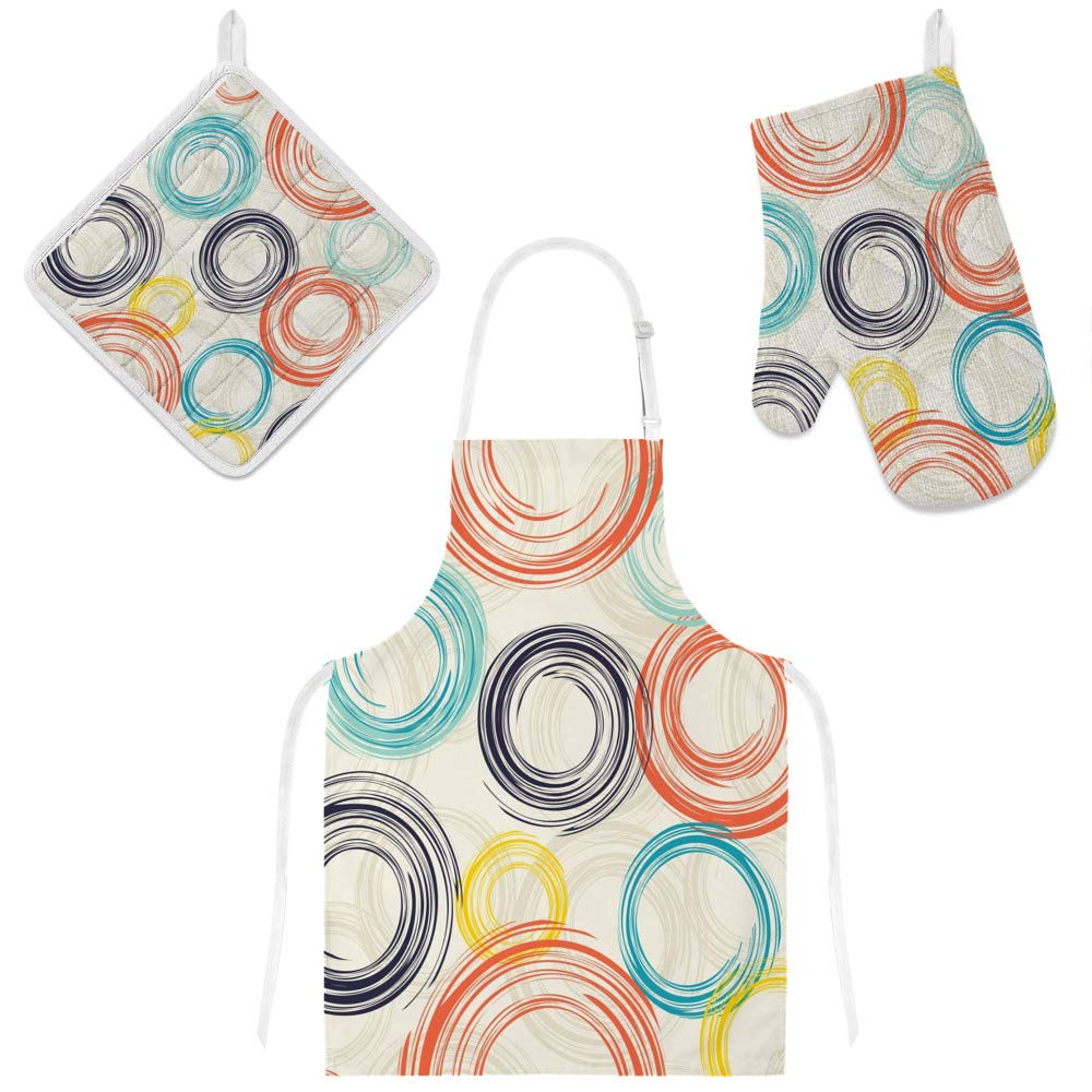 Tablier de cuisine imperméable réglable 3 pièces avec gant et manique rétro