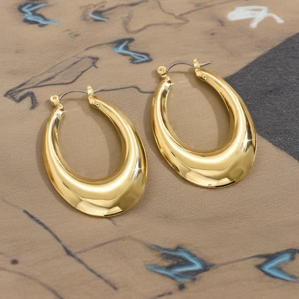 Gold Plated Hoop Earrings, Chunky Crescent Design, Classic Statement Hoops - Image 4