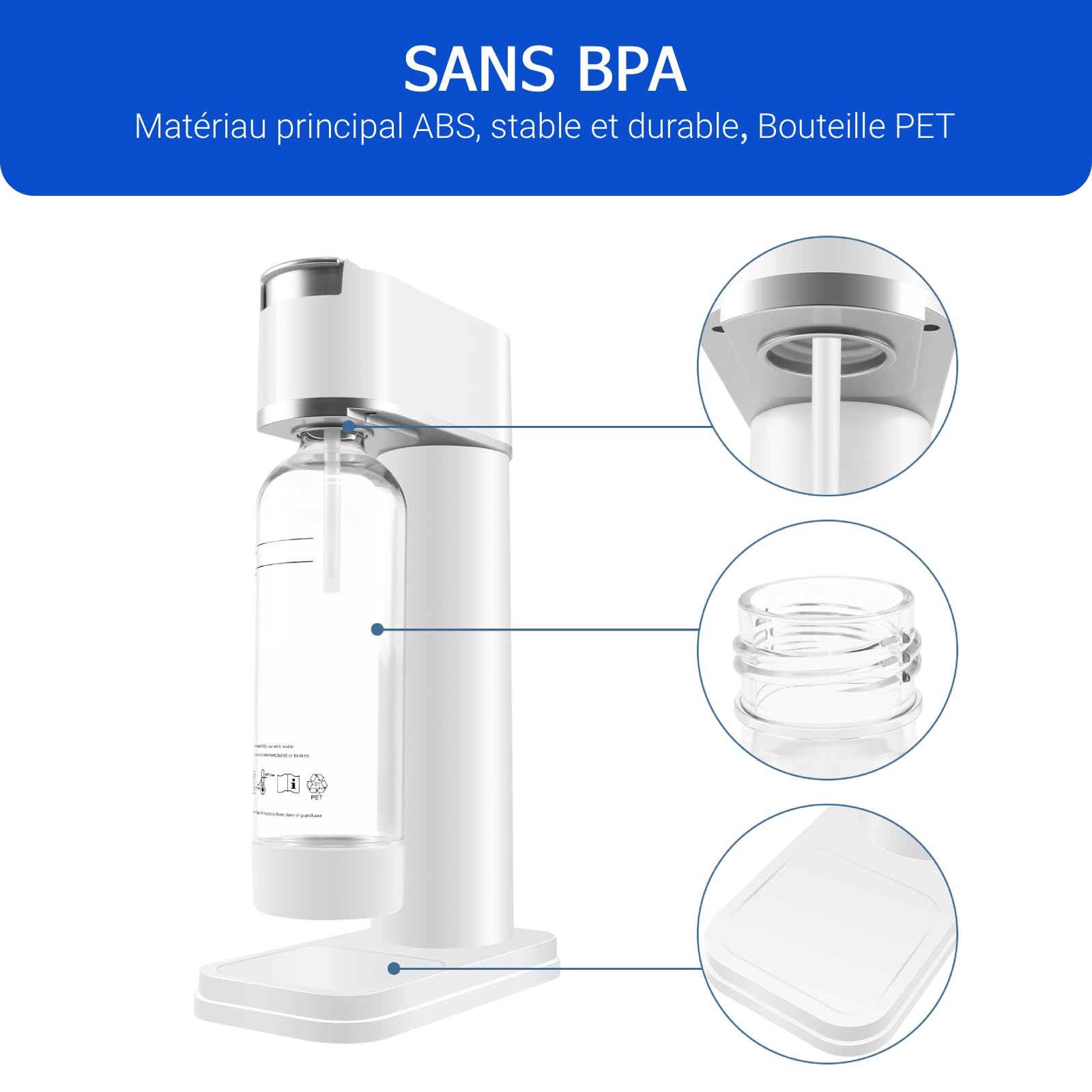 Machine à Soda Appareil à Gazeifier l'eau, Blanc A | inclus Bouteille PET 1 Litre, Sans BPA, Gazéification Domestique