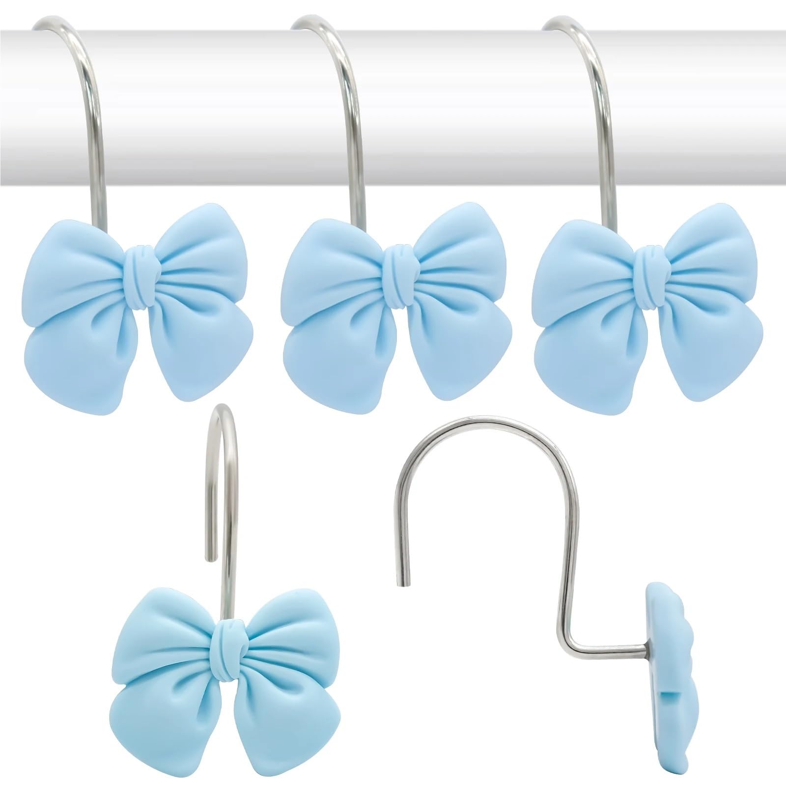 Shower Curtain Hooks 12pcs Lovely Pink Blue Bow Shower Curtain Hooks Rust Proof Decorative Rings For Bathroom Room(Blue)
