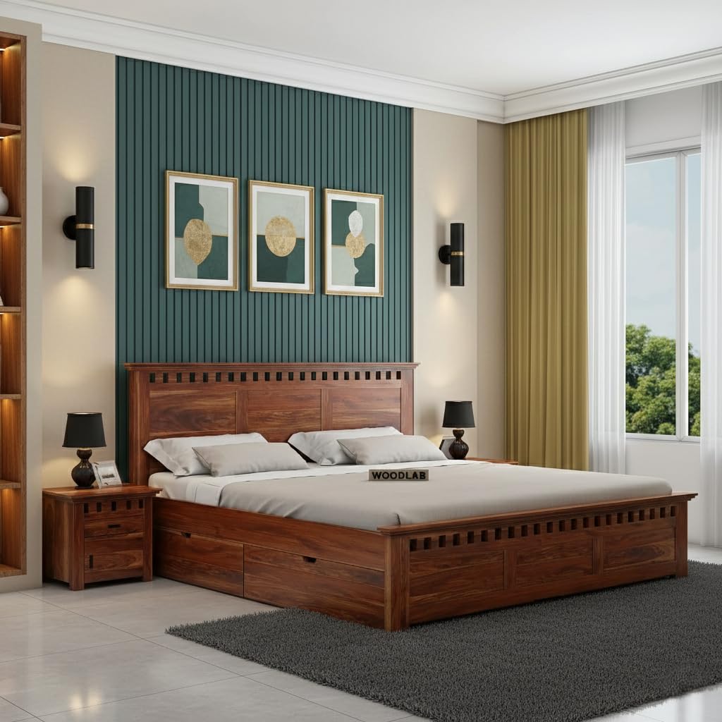 WOODLAB Furniture Solid Sheesham Wood King Size Bed for Bedroom 4 Storage Drawer Wooden Double Beds Cot Furniture for Living Room (Honey Finish)-image-45