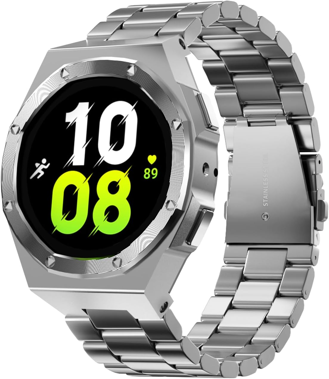 Luxury Case with Band Designed for Samsung Galaxy Watch 6/5/4 44mm, Rugged Military Protective Metal Bumper Cover with Tactical Stainless Steel Strap for Men, Silver