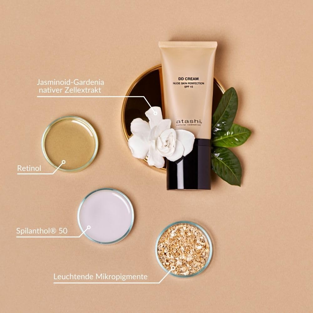 Atashi – No Make Up Ritual Set | DD Cream (50 ml), Illuminierender Augenpflege (15 ml), Radiant Skin Peeling (40 ml) und Make‑up‑Schwamm für ein natürlich frisches Finish
