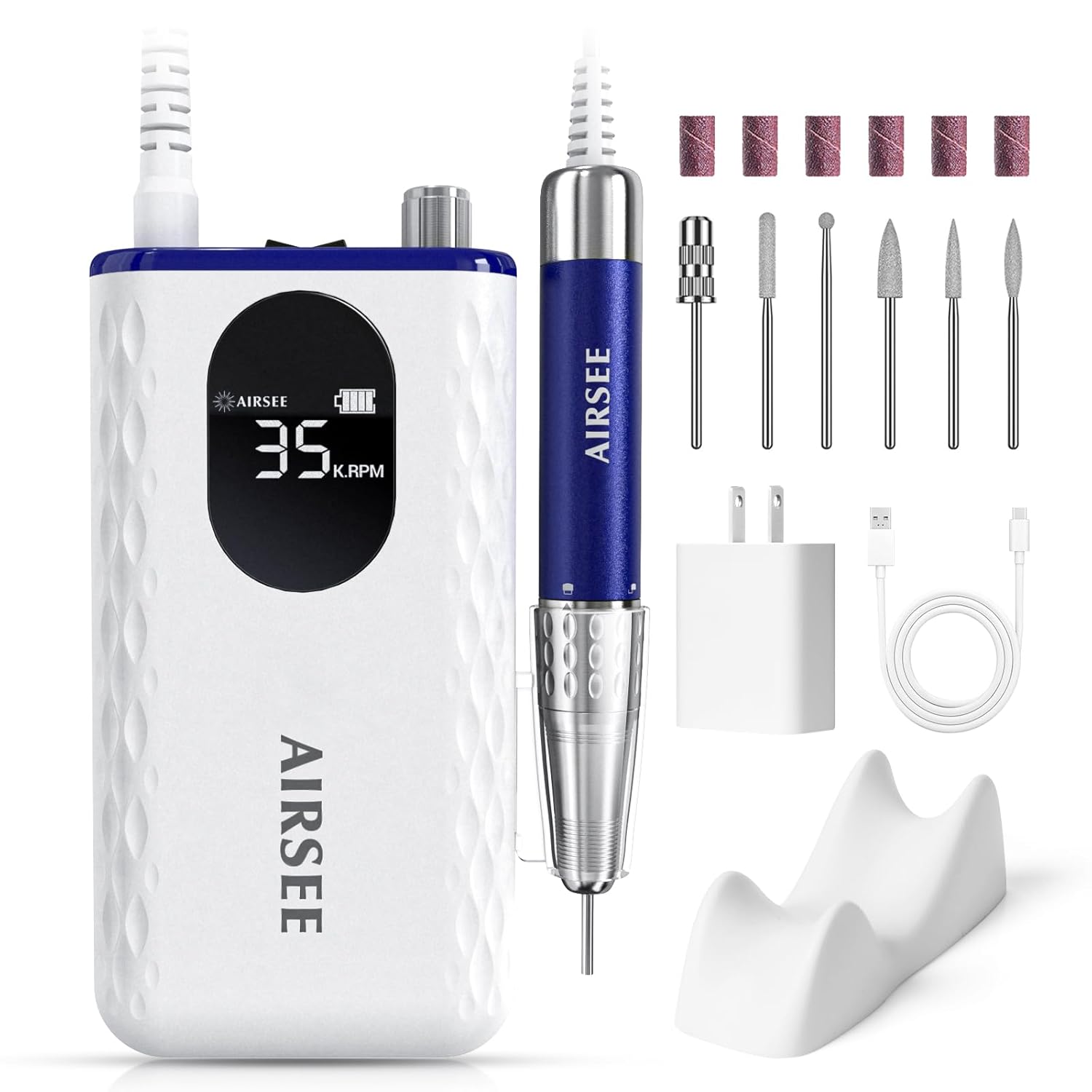 AIRSEE Updated Professional Nail Drill,Rechargeable Cordless Efile Machine for Acrylic Extension Gel Dip Powder Powerful Portable Efile 56 Sanding Bands 7 Bits,Low Noise Low Heat,G7 White