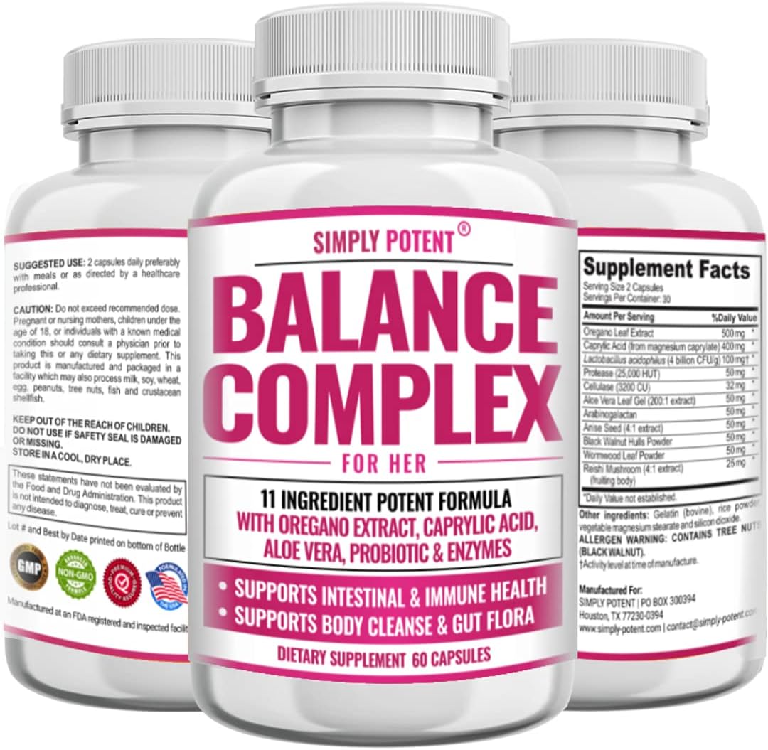 Simply Potent Balance Complex for Women – 11-in-1 Formula with Oregano Extract, Caprylic Acid, Probiotics & Digestive Enzymes | Non-GMO, Gluten-Free | 60 Capsules
