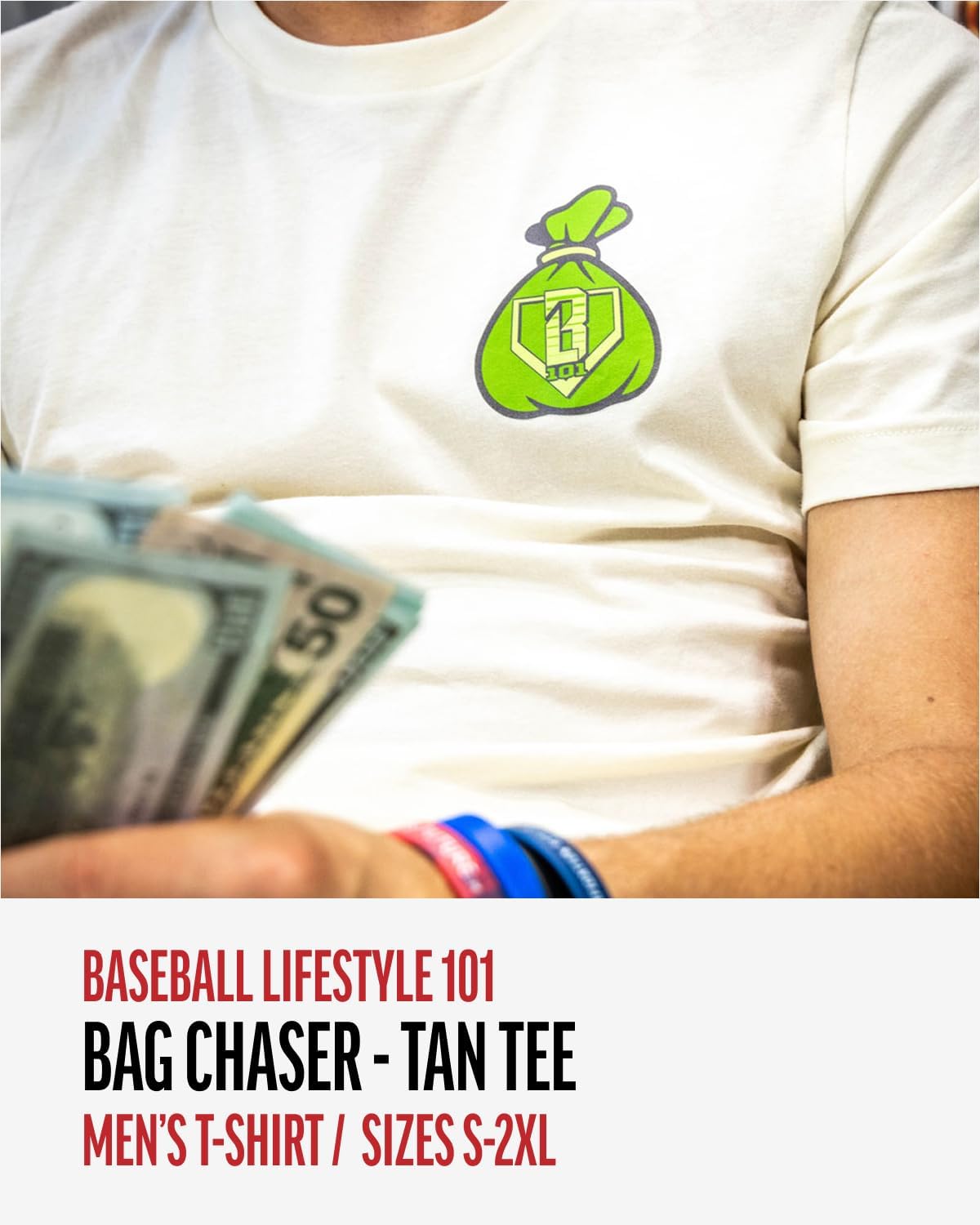 Baseball Lifestyle 101 Bag Chaser Tee for Men, Soft 60/40 Blend, Breathable, Side-Seamed T-Shirt, Adult Sizes S-XL